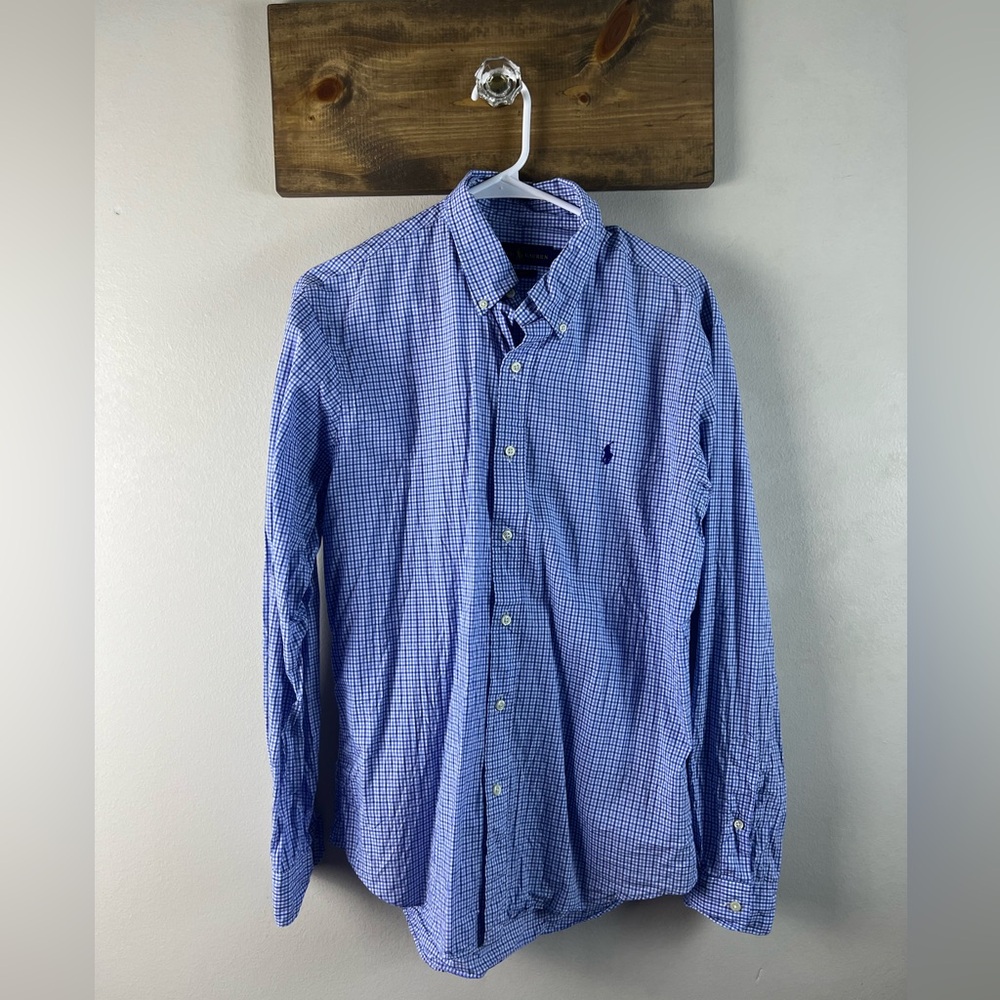 Ralph Lauren Size Large Blue & White Micro-Gingham Button Down Shirt “Slim Fit”